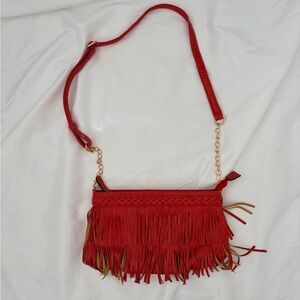 Melie Bianco Red and Tan Fringe Crossbody Bag